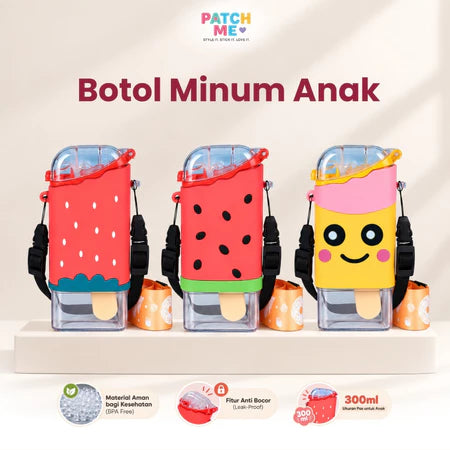 PATCH ME - Botol Minum Anak 300ML Tumbler Karakter Cola Bear Lucu dengan Tali