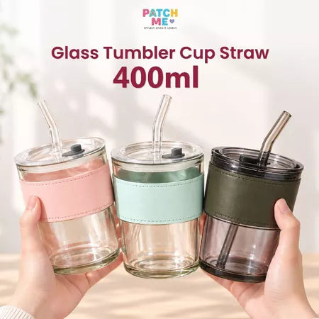 PATCH ME - Tumbler Gelas Kaca Bening Sedotan Mug Cute Slub Cup [Free Patch]