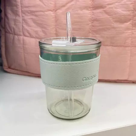 PATCH ME - Tumbler Gelas Kaca Bening Sedotan Mug Cute Slub Cup [Free Patch]