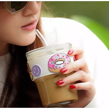PATCH ME - Tumbler Gelas Kaca Bening Sedotan Mug Cute Slub Cup [Free Patch]