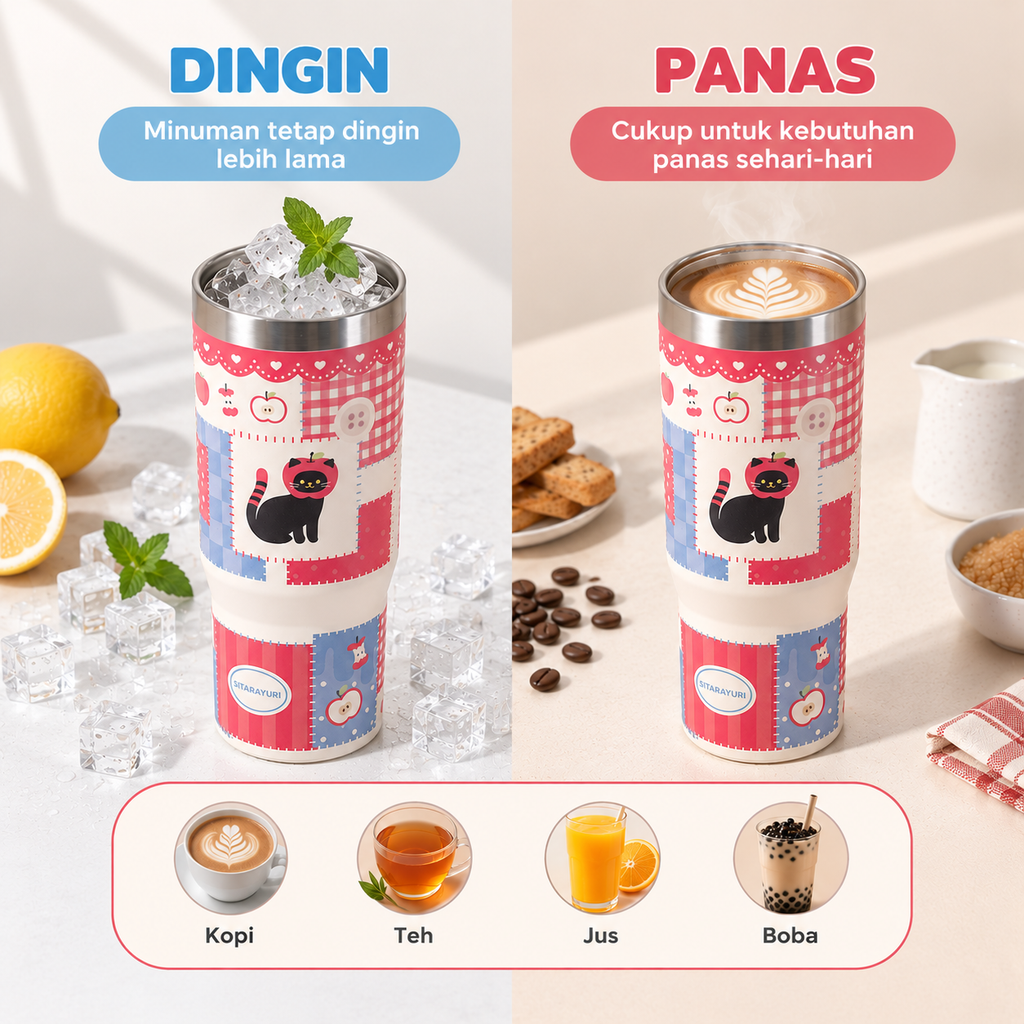 PATCH ME - Tumbler Handle Stainless 900ML Karakter Patchwork Cat